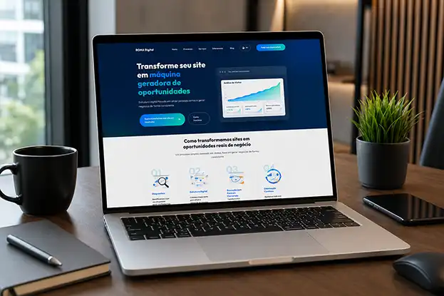 Business professional analyzing metrics on a laptop with a modern corporate website interface