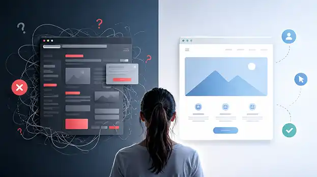 UX Design improving user experience: comparison between confusing and organized navigation
